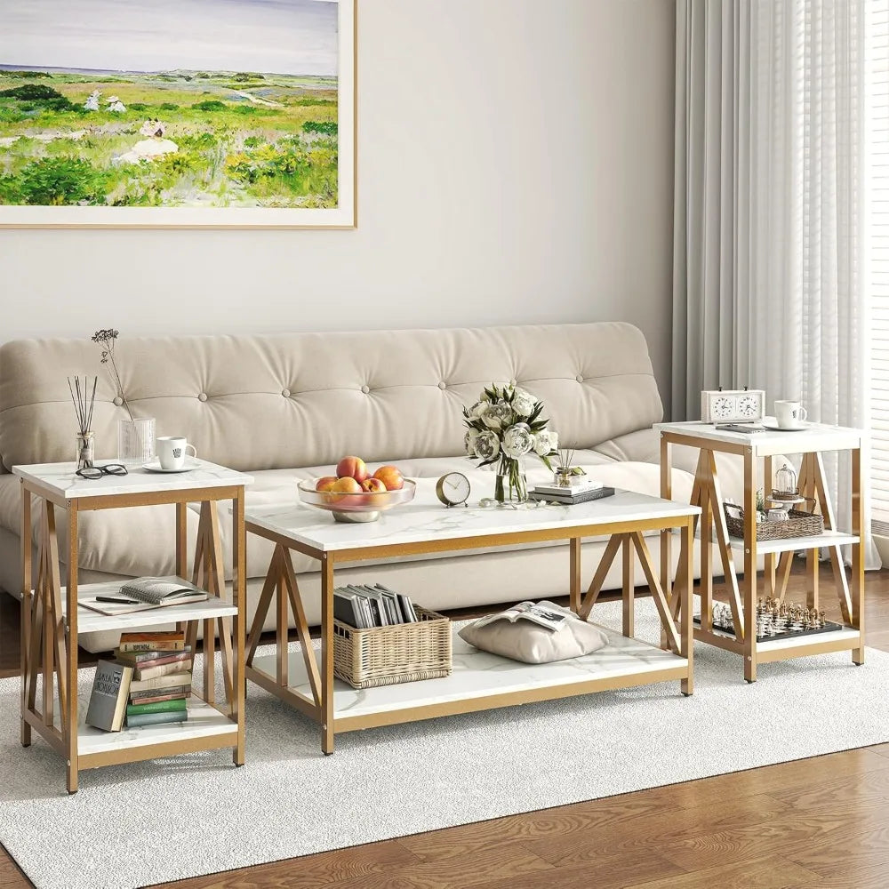 Industrial Style Triangular Coffee Table Set With 2 Side Tables