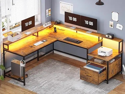 ZHUXIANG Office Desk With Wood File Drawer And Power Outlet