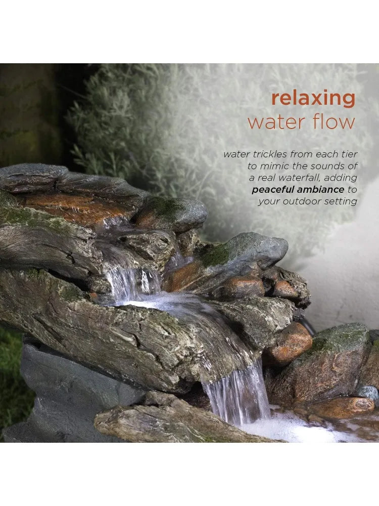 60" Long Outdoor 3-Tier Rainforest Rock River Water Hand-Painted Fountain with LED Lights