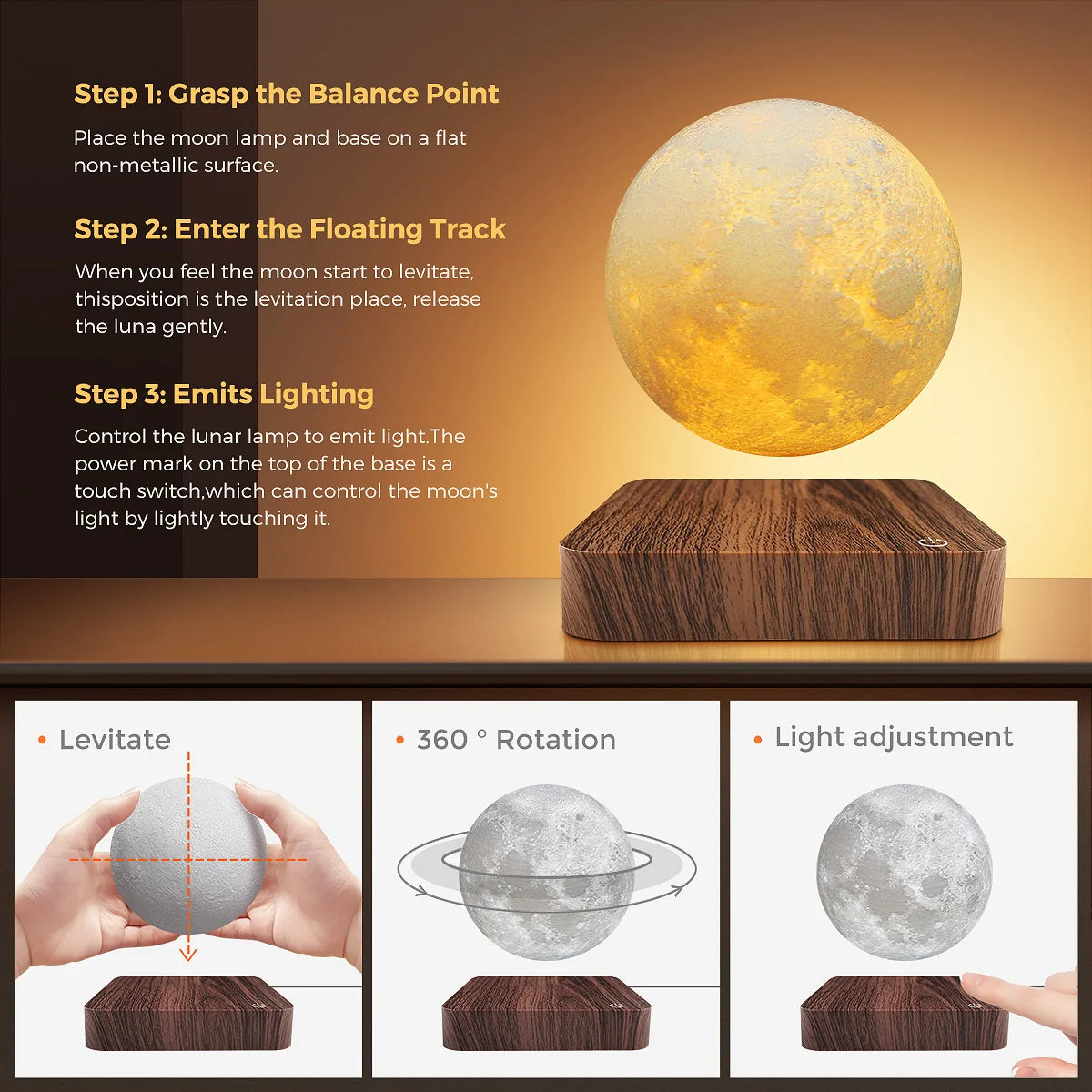 Aiopp Levitating Moon Table Lamp Magnetic Floating Night Light LED