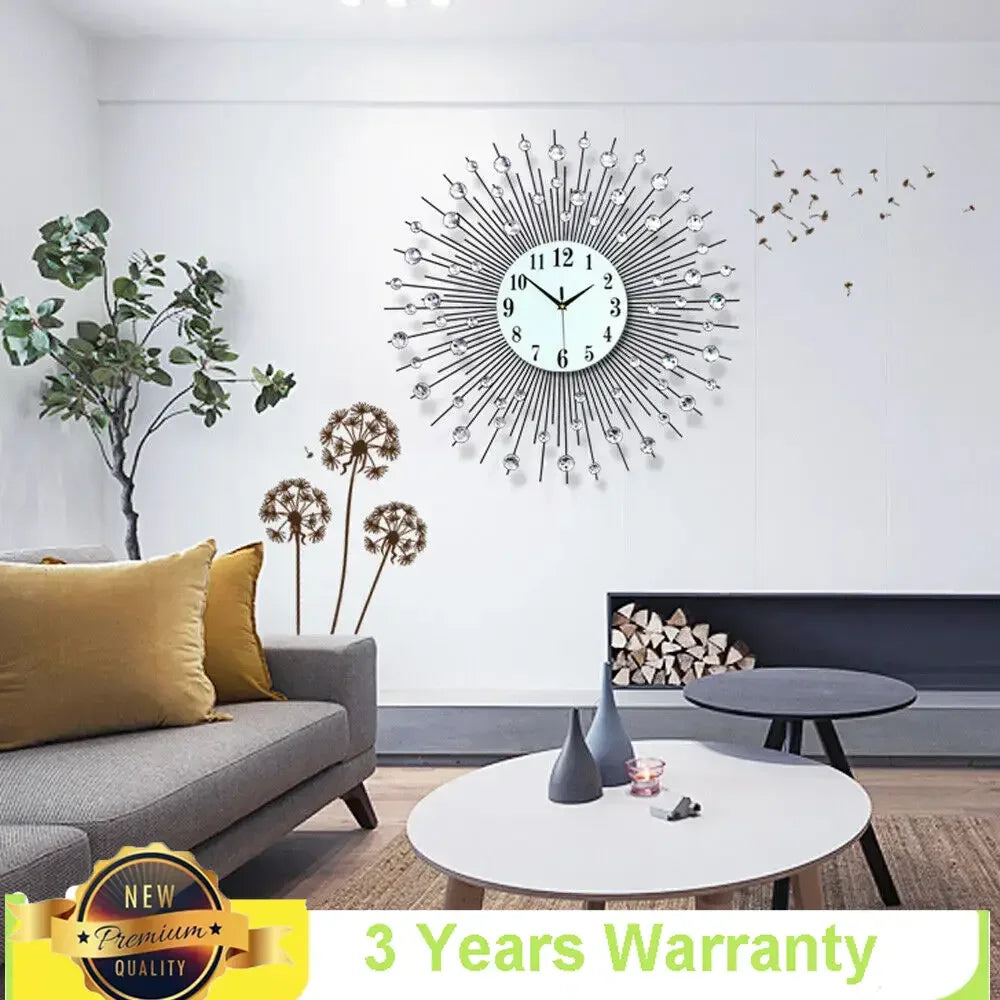 3D Sunburst Metal Wall Clock Modern Diamond Battery Operated