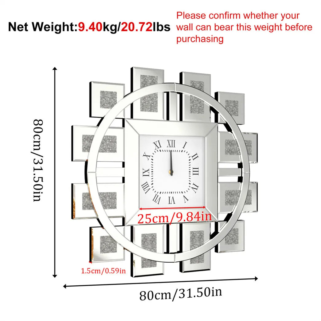 Heavy Duty Crushed Diamond Mirrored Wall Clock Sparkling Decor