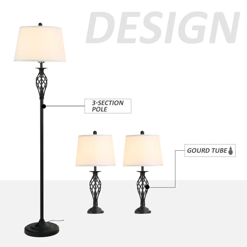 HOMCOM 3 Piece Floor And Table Lamp Set With MetalPole