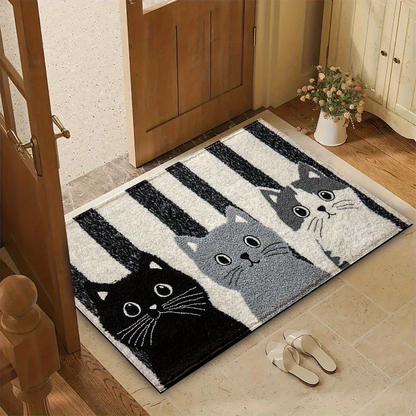 Striped Cartoon Cat Doormat Waterproof Living Room Floor Mat