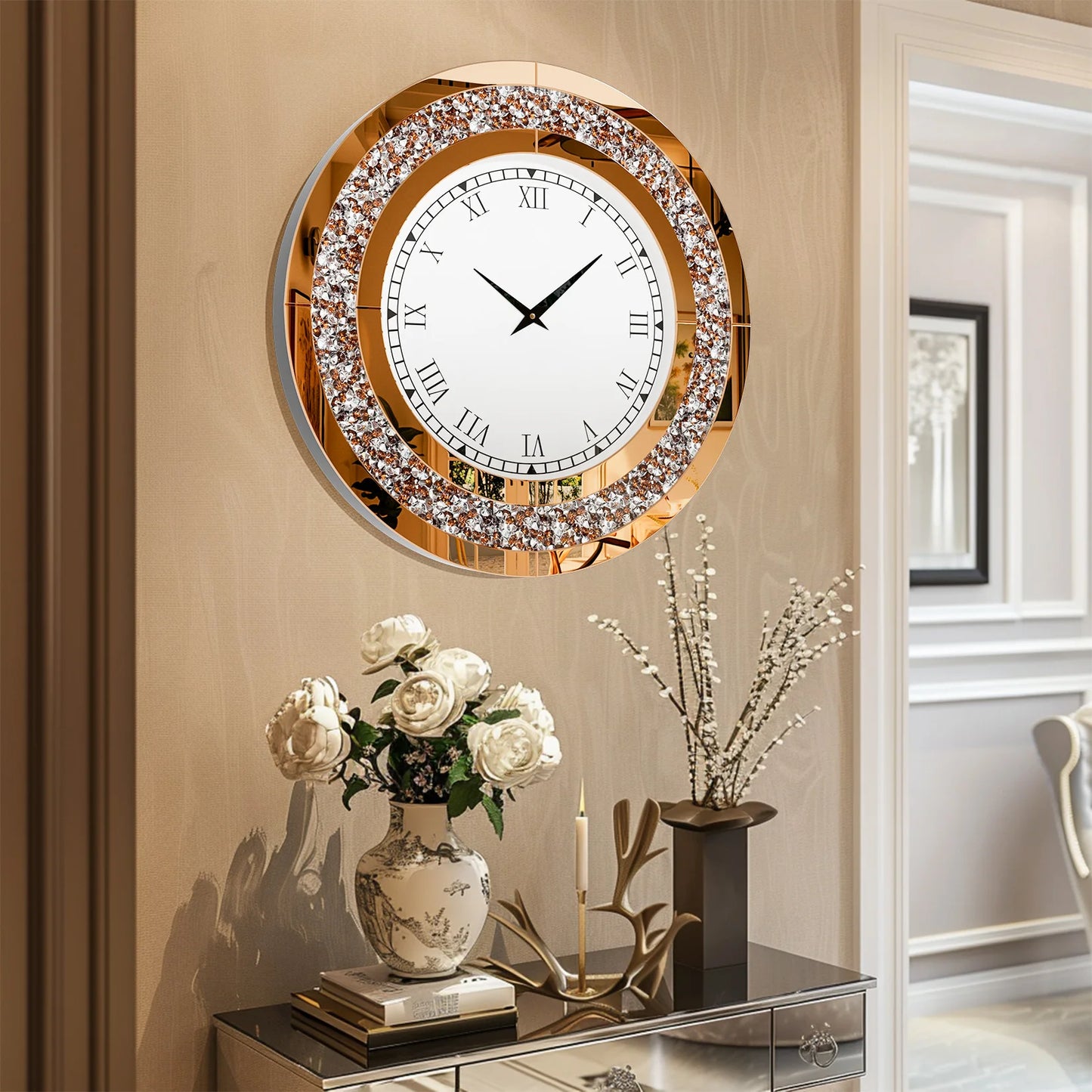 Combination Round Mirror And Mirrored Wall Clock For Living Room Decor