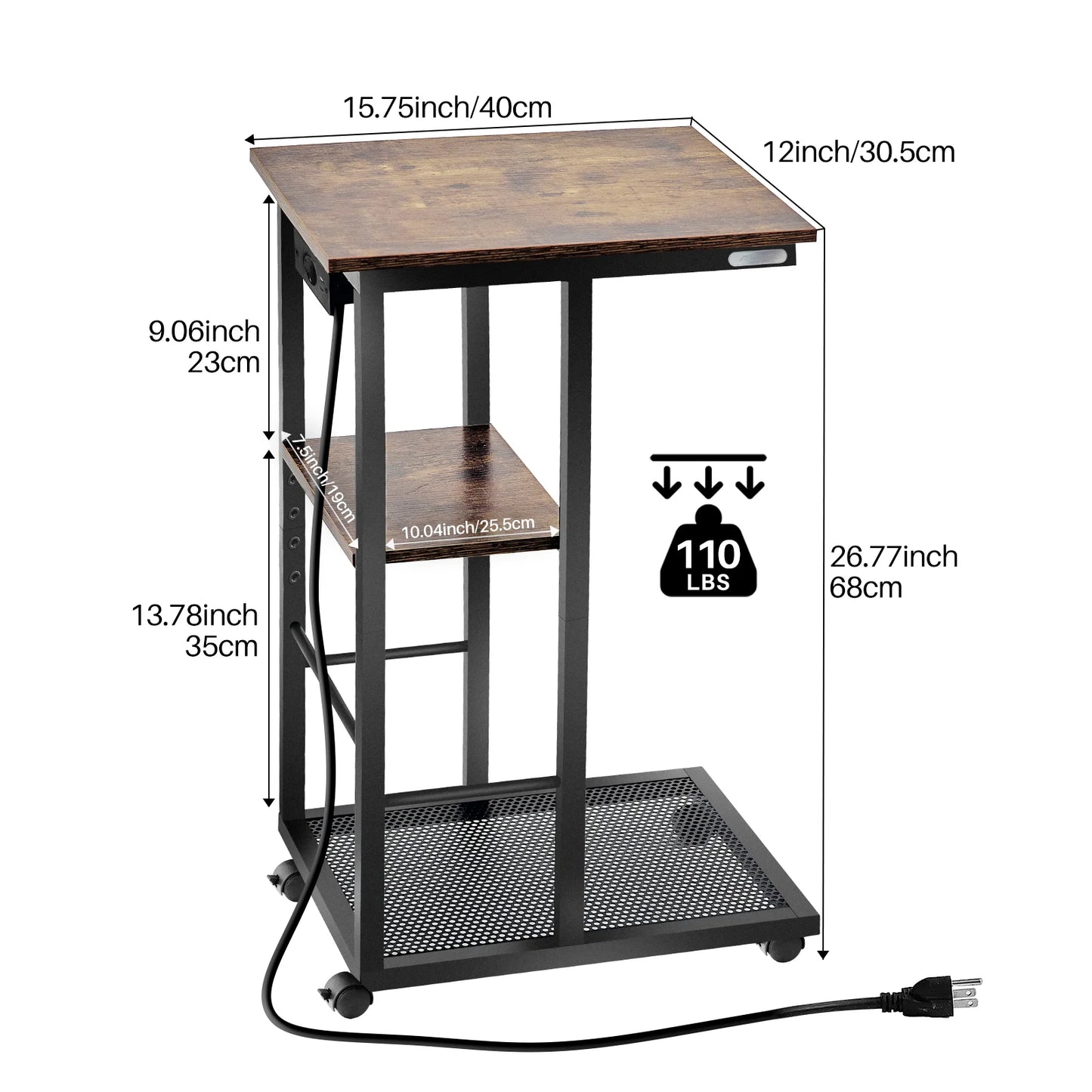 Redlife C Shaped End Table With Charging Station And Storage