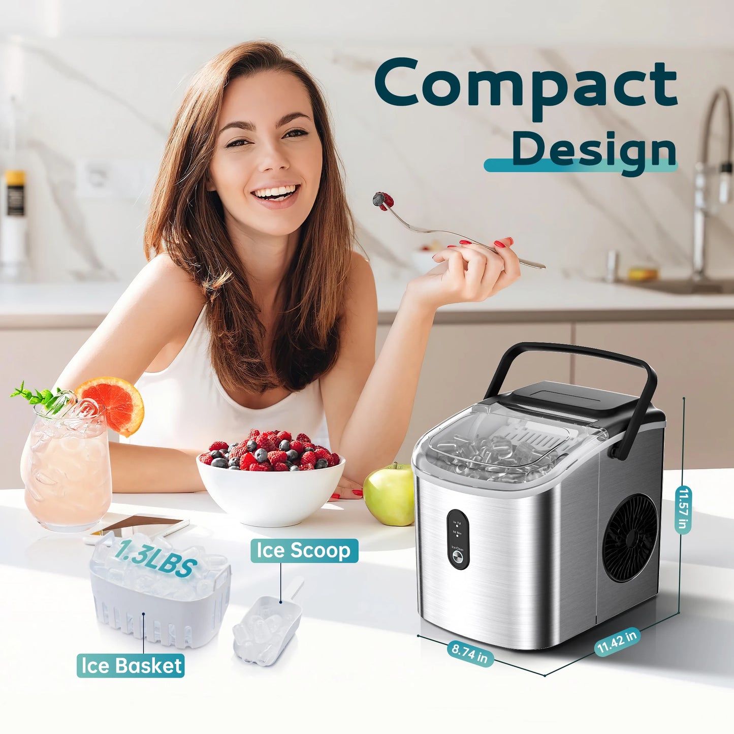 SIMZIFE Portable Countertop Ice Maker with Handle, 26 lbs/24H, 9 Cubes in 6 Mins, Auto-Cleaning(Black Choice CN)Silver Choice US