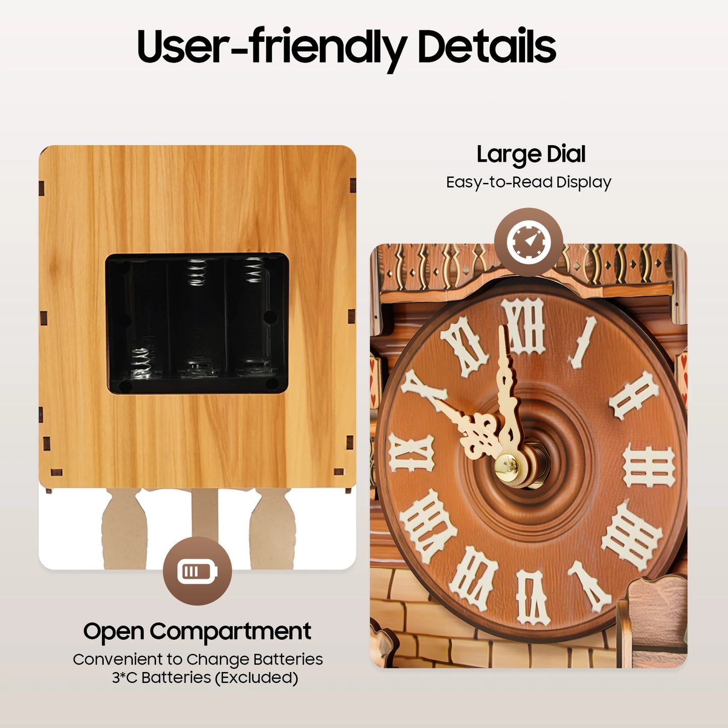 German Style Cuckoo Clock Bird Chime Battery Operated Wall Mount