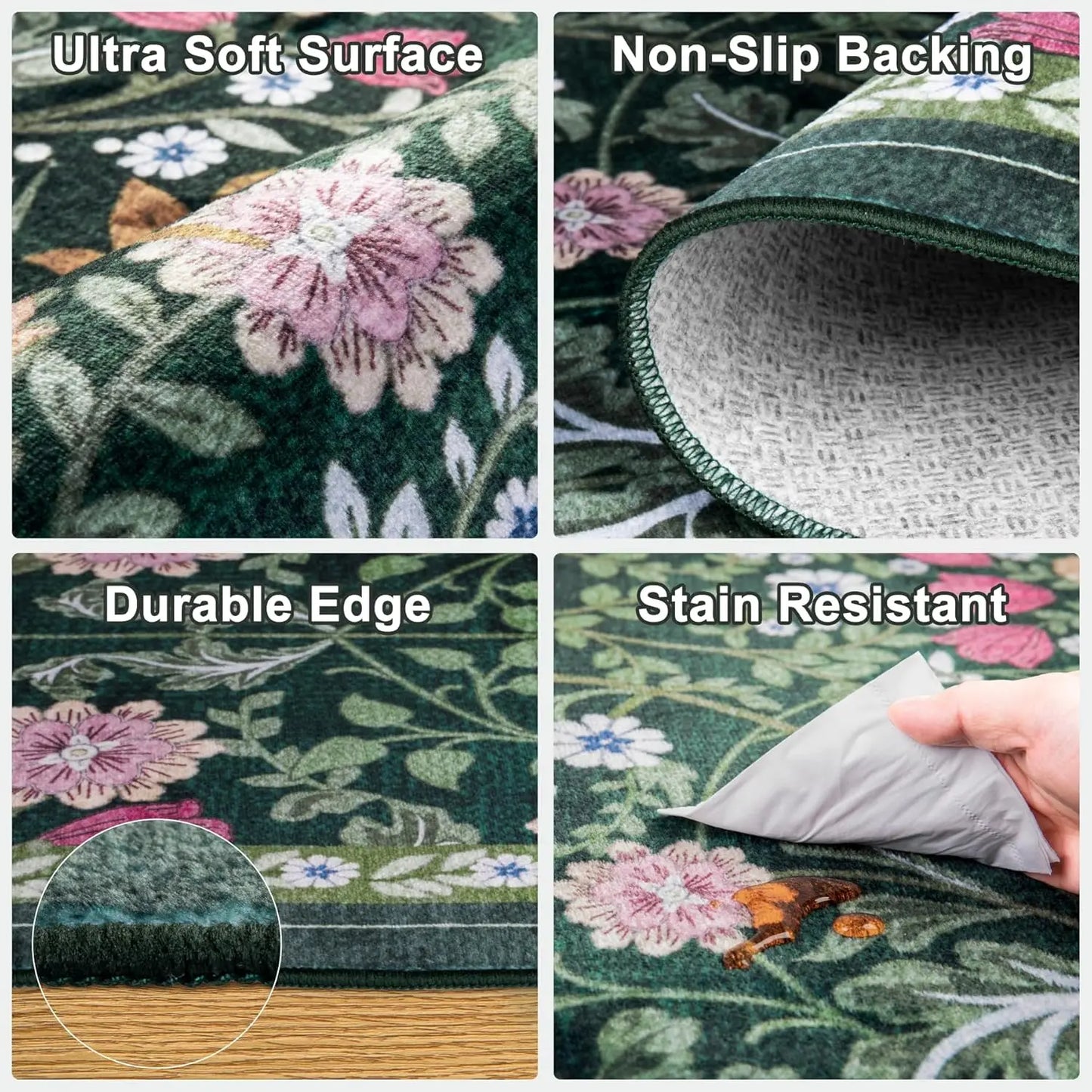 Floral Washable Rug Non Slip Carpet Polyester For Living Room