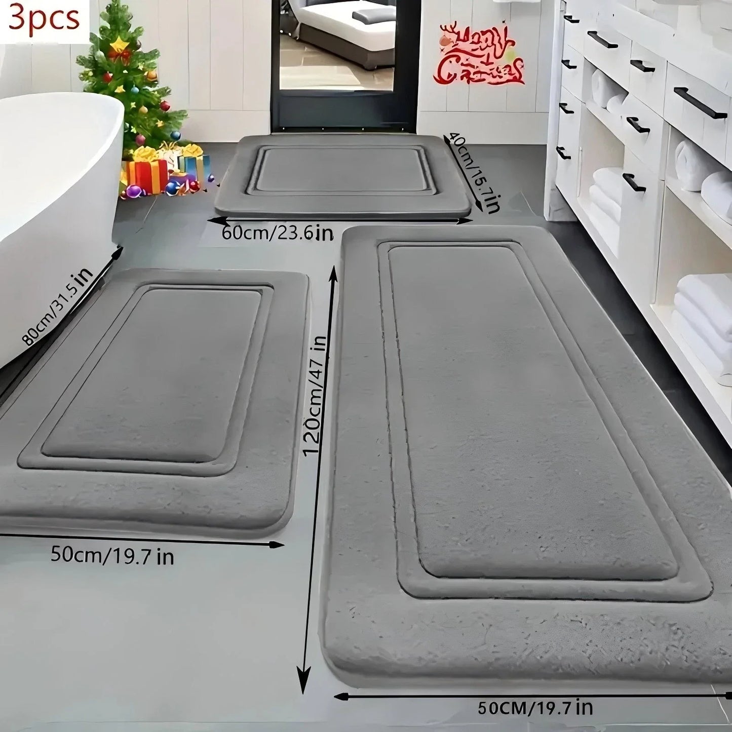NONECN 3 Piece Absorbent Bath Mats Non Slip Memory Foam