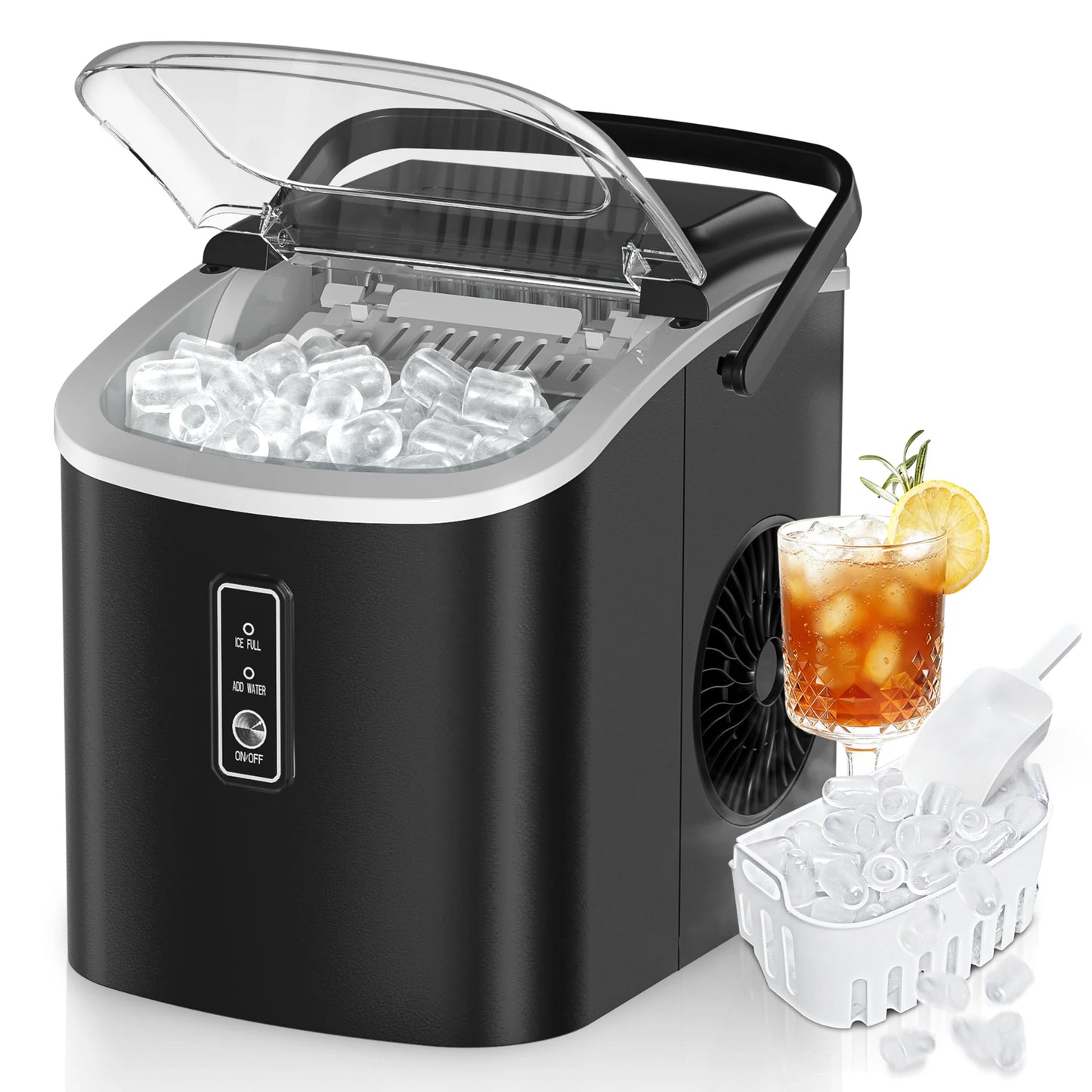 SIMZIFE Portable Countertop Ice Maker with Handle, 26 lbs/24H, 9 Cubes in 6 Mins, Auto-Cleaning(Black Choice CN)Silver Choice US