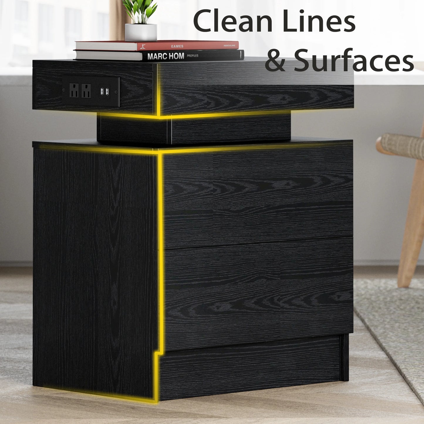 LIKIMIO Nightstand With Charging Station LED Light And Drawers
