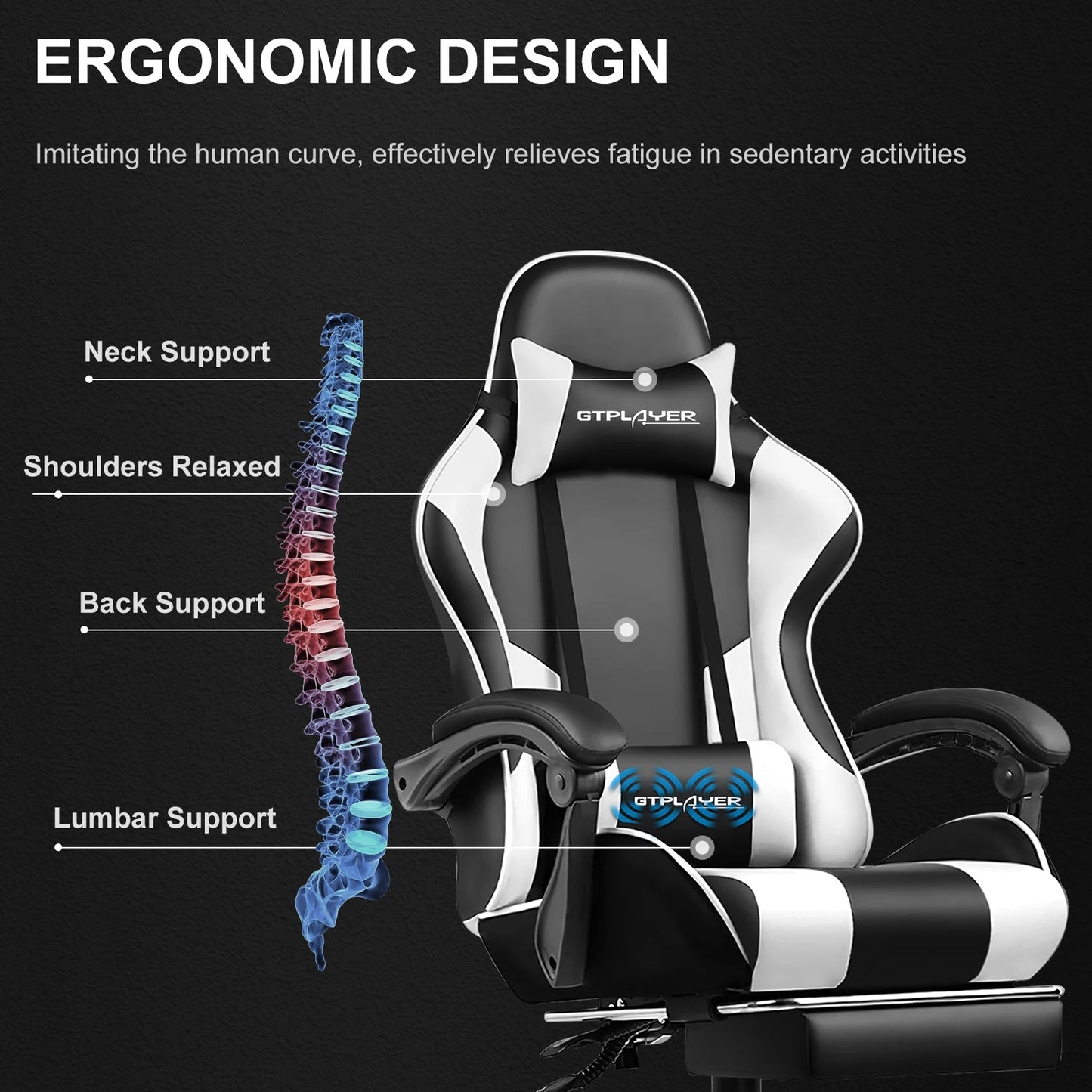 GTPLAYER Gaming Chair With Footrest Adjustable Height And Lumbar Support