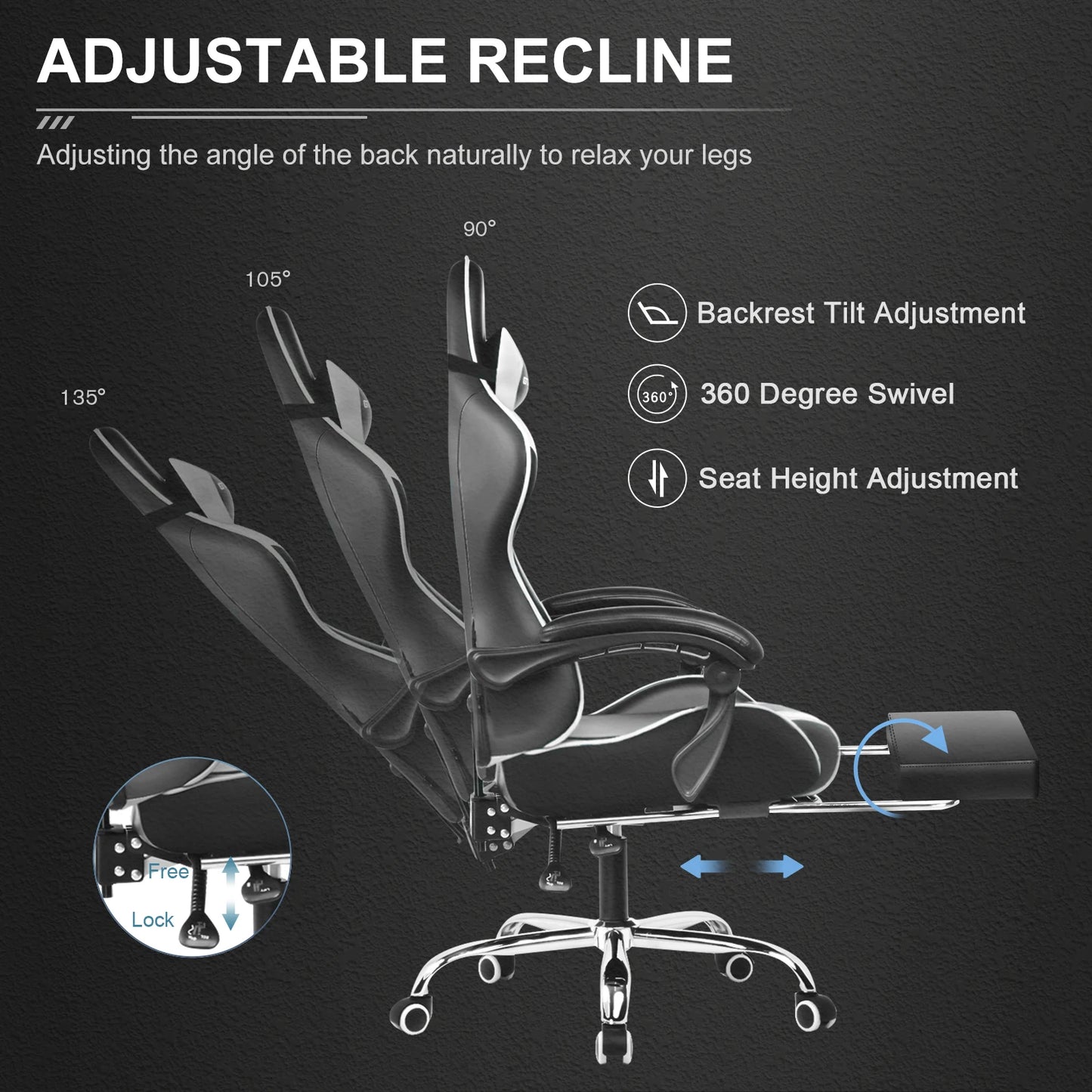 GTPLAYER Gaming Chair With Footrest Adjustable Height And Lumbar Support
