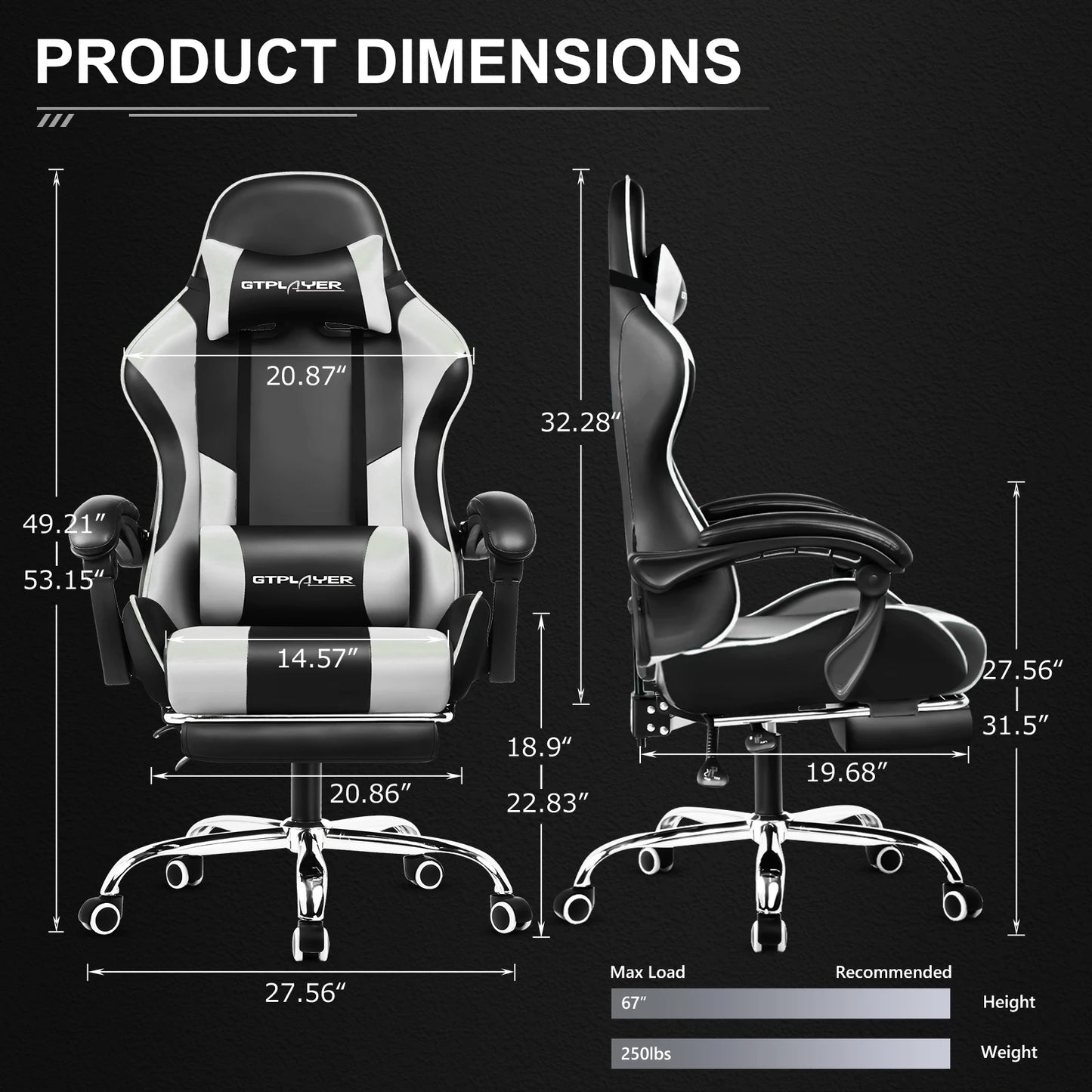 GTPLAYER Gaming Chair With Footrest Adjustable Height And Lumbar Support