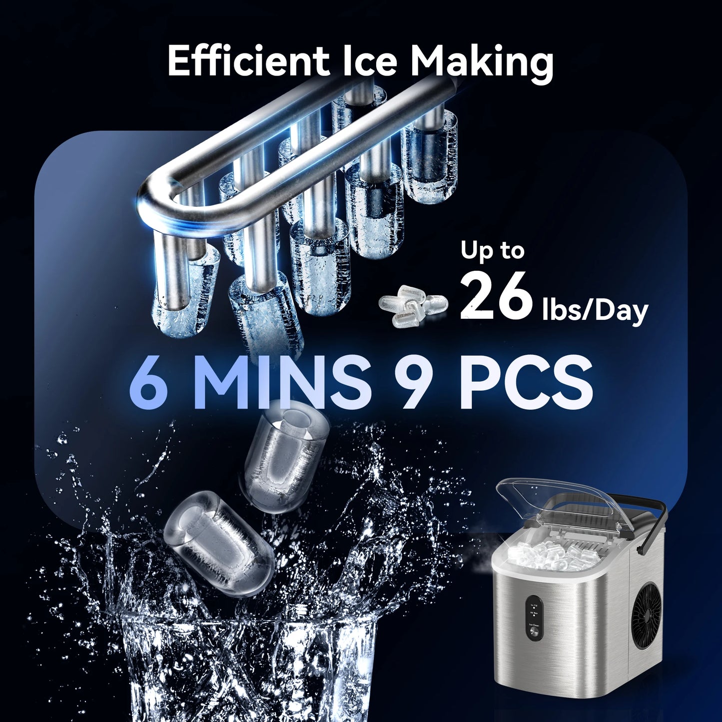 SIMZIFE Portable Countertop Ice Maker with Handle, 26 lbs/24H, 9 Cubes in 6 Mins, Auto-Cleaning(Black Choice CN)Silver Choice US