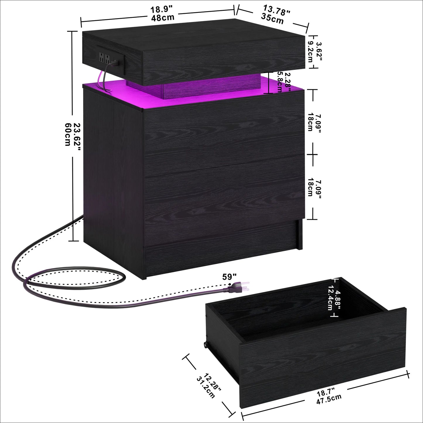 LIKIMIO Nightstand With Charging Station LED Light And Drawers