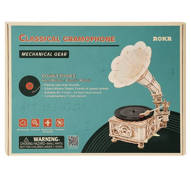 Robotime Hand Crank Gramophone Wooden Model Building Kit