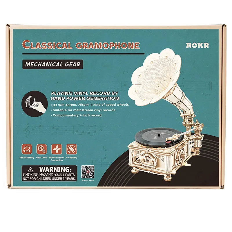 Robotime Hand Crank Gramophone Wooden Model Building Kit