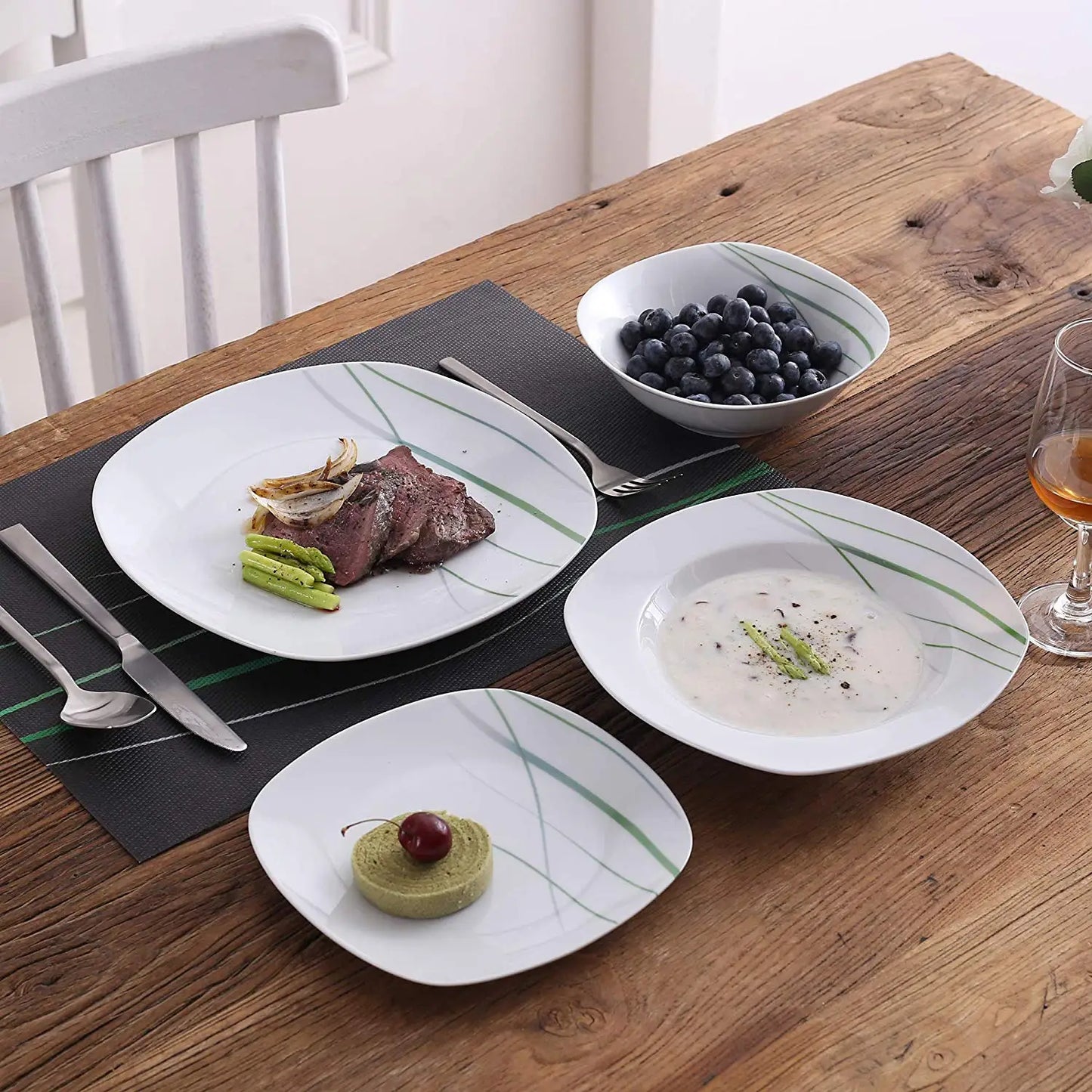 MALACASA Aviva Porcelain Dinnerware Set Includes Soup Plate Bowl
