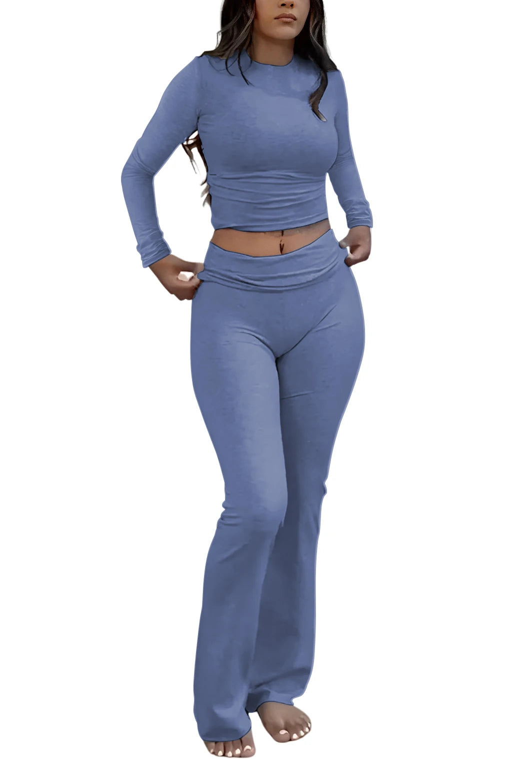 Womens Yoga Two-Piece Long-Sleeve Wide-Leg Activewear Set For Home