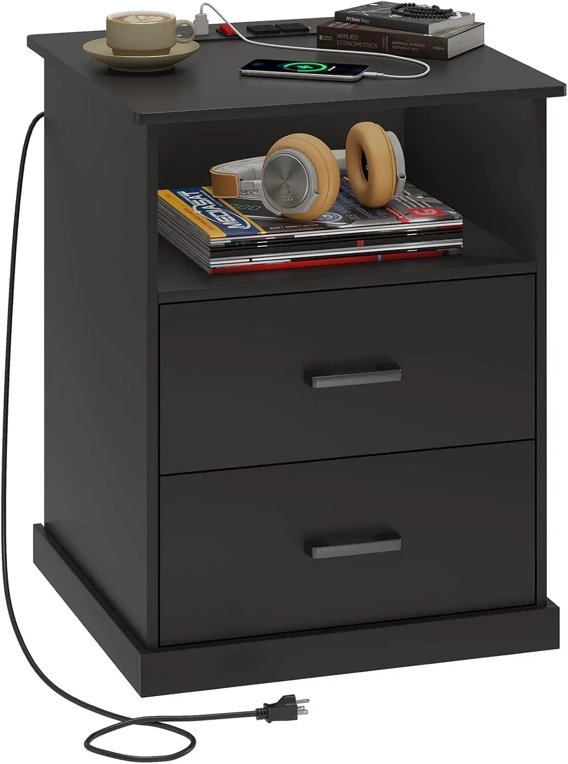 ANGDUO Nightstand With Charging Station And Storage Drawers