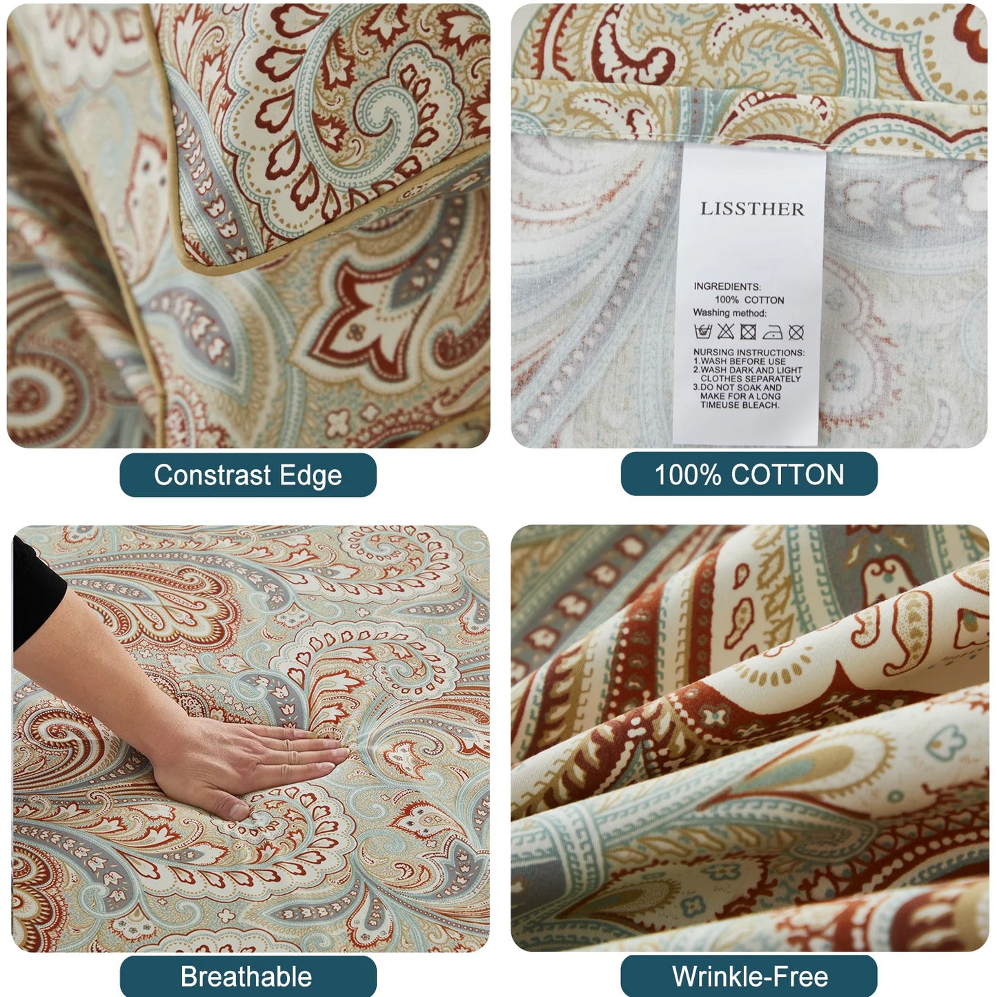 LISSTHERCN 3 Piece 600TC Egyptian Cotton Duvet Cover Set Boho Paisley