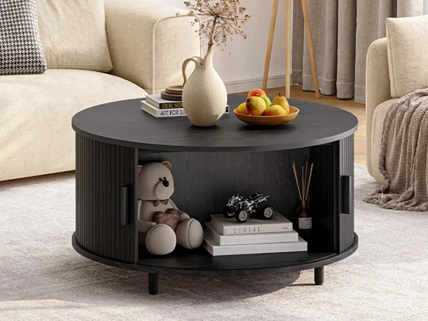 Extended Round Coffee Table With Storage And Curved Sliding Door