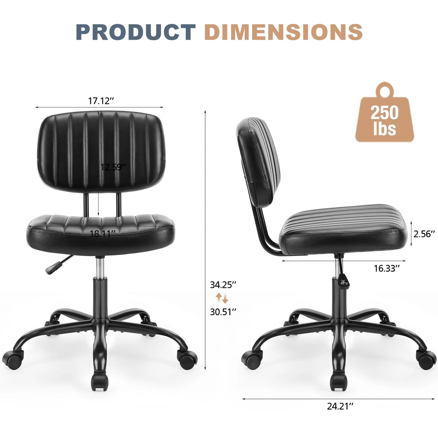 JHK Armless Office Chair With Lumbar Support PU Leather