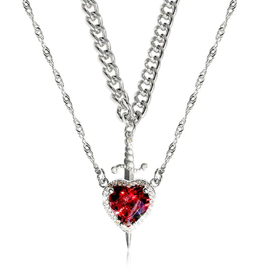 Heart Zirconia Chain Matching Sword Through Heart Necklace Set