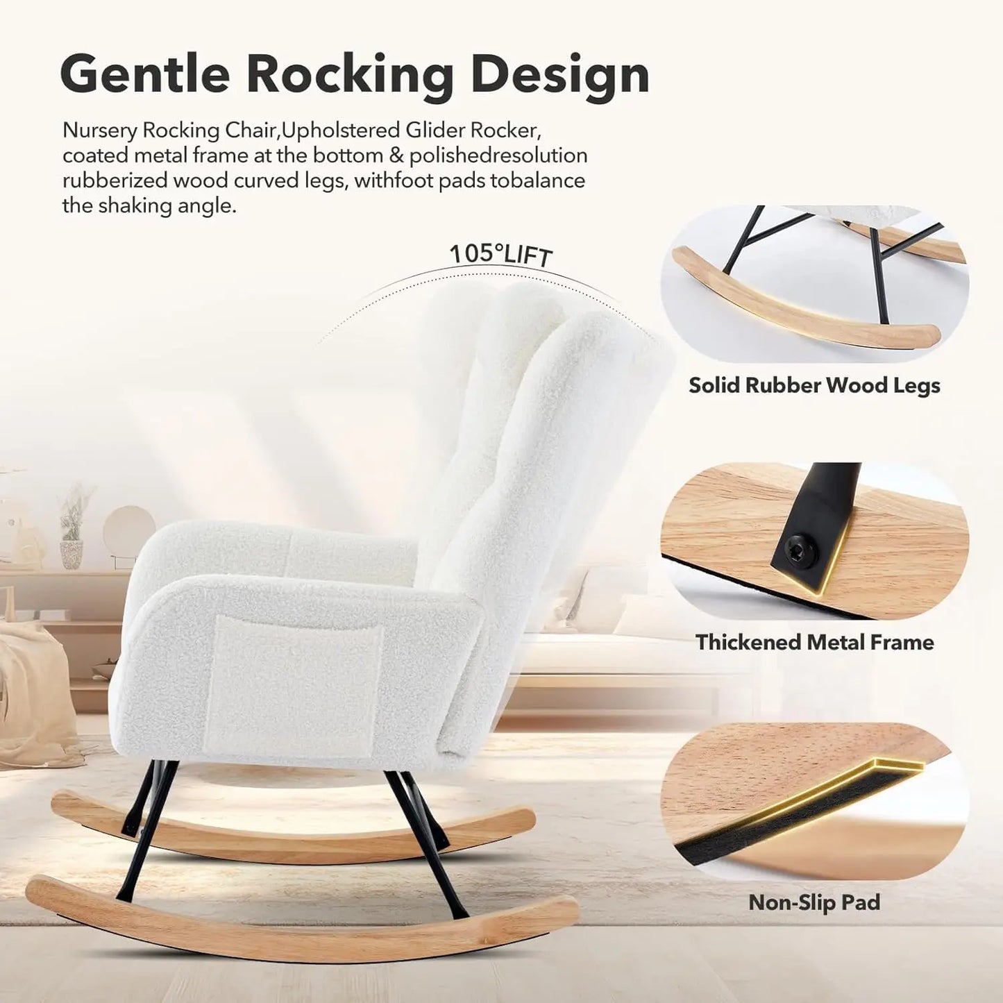 Studyset Teddy Boucle Nursery Rocking Chair With Side Pocket