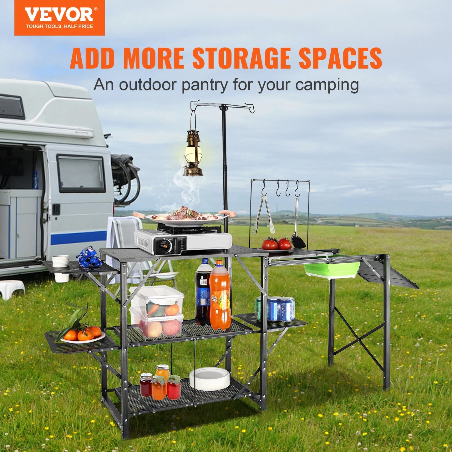 SucceBuy Camping Kitchen Table With Sink Portable Outdoor Cook Station