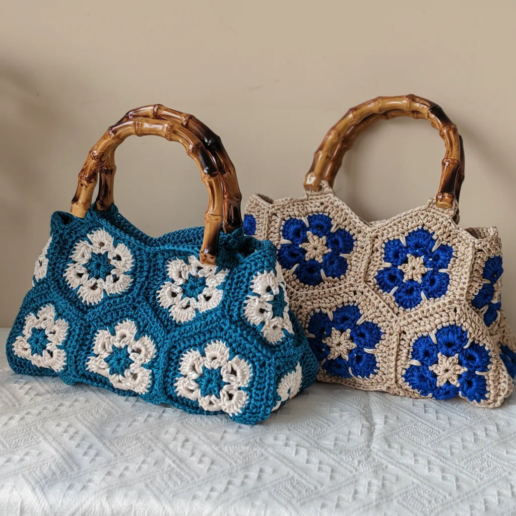 Handmade Crochet Granny Square Tote Bag With Bamboo Handle For Women