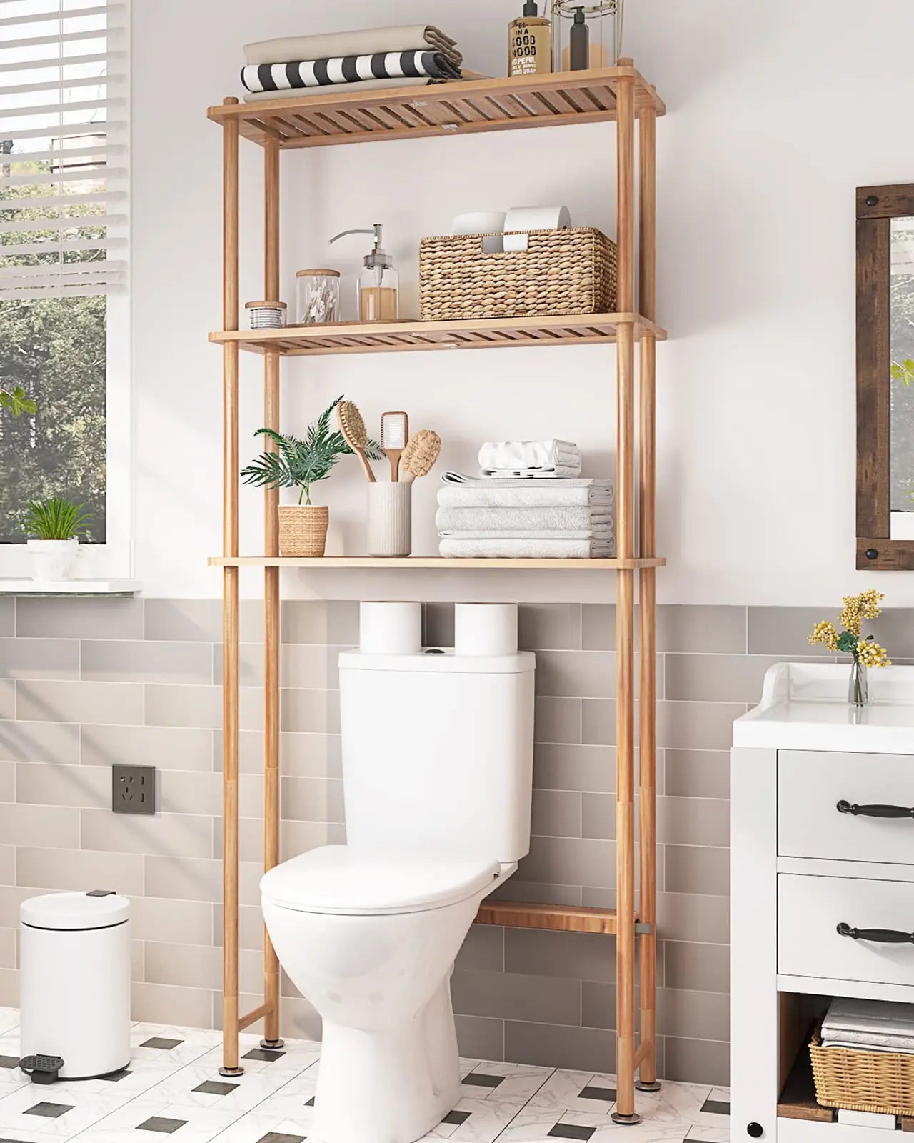 XIUWO Over Toilet Storage Bamboo 3-Tier Organizer Rack