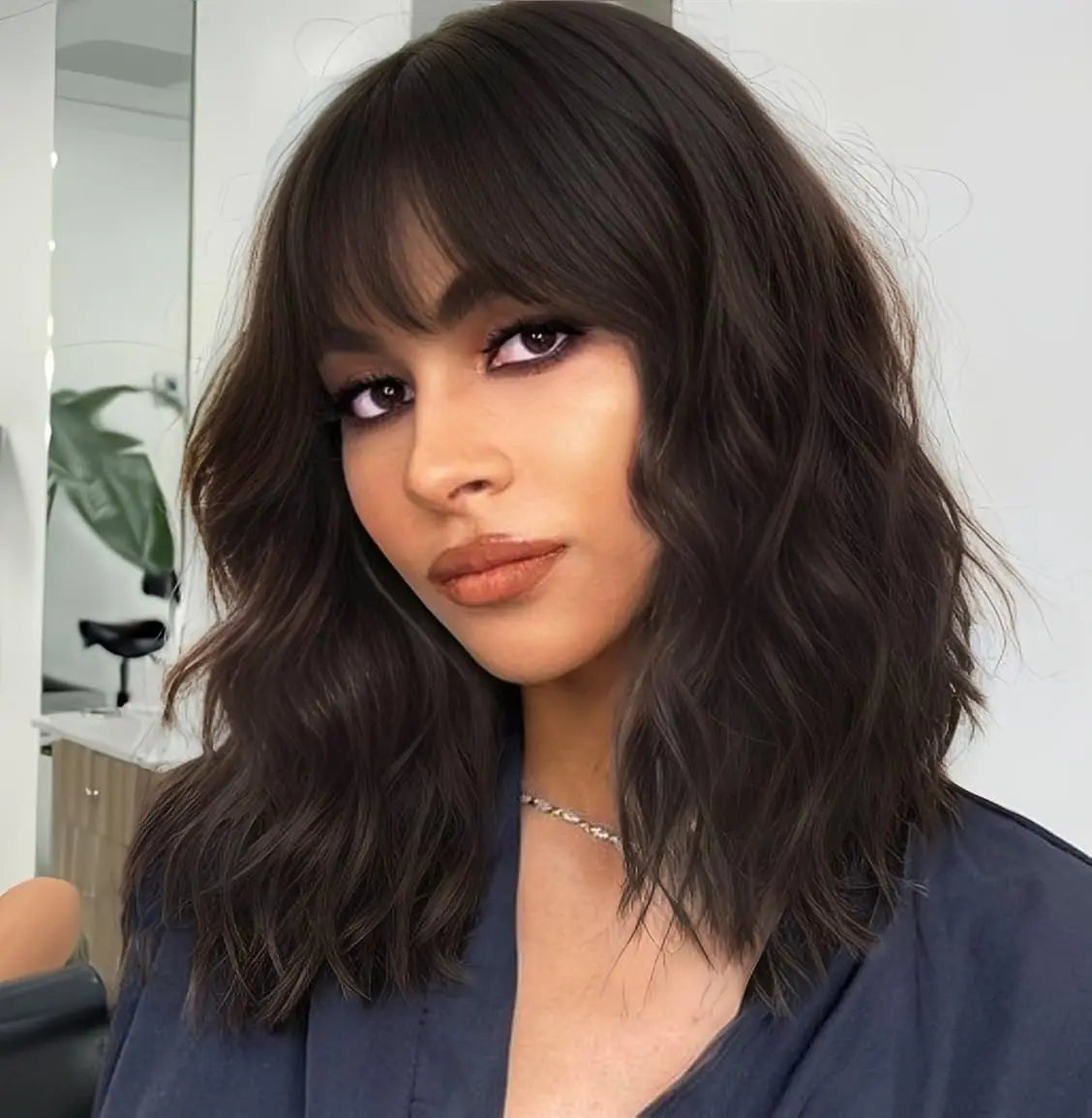 Synthetic Curly Wavy Bob Wig With Bangs For Women Everyday