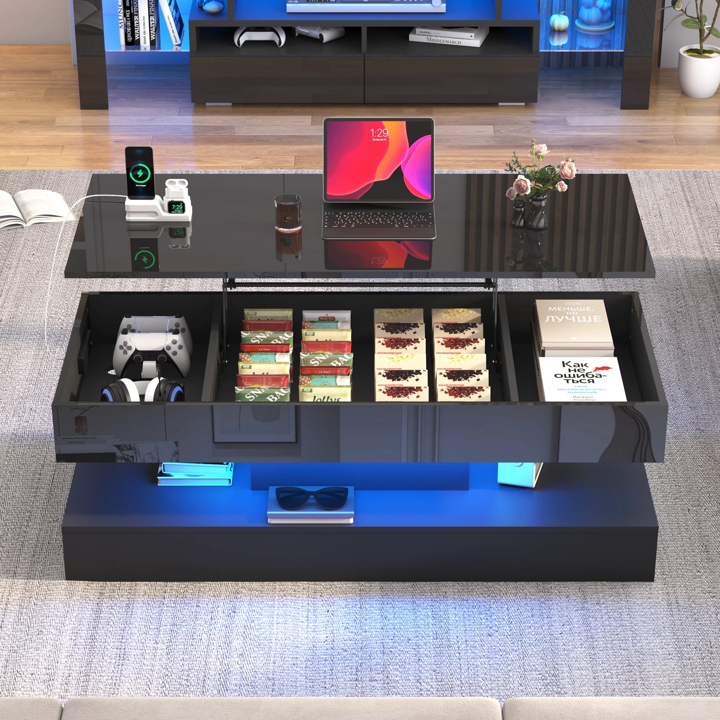 QiaoShiRen LED Coffee Table With Open Shelf And Large Storage