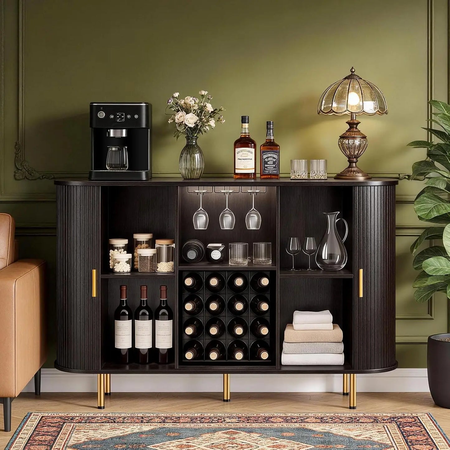 Fluted Wine Bar Cabinet With Storage And Wine Rack