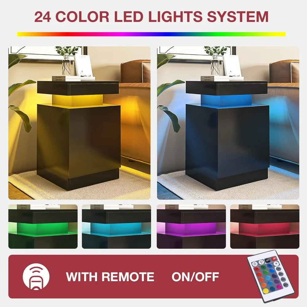 Bedside Table Set Of 2 With LED Storage Cabinet