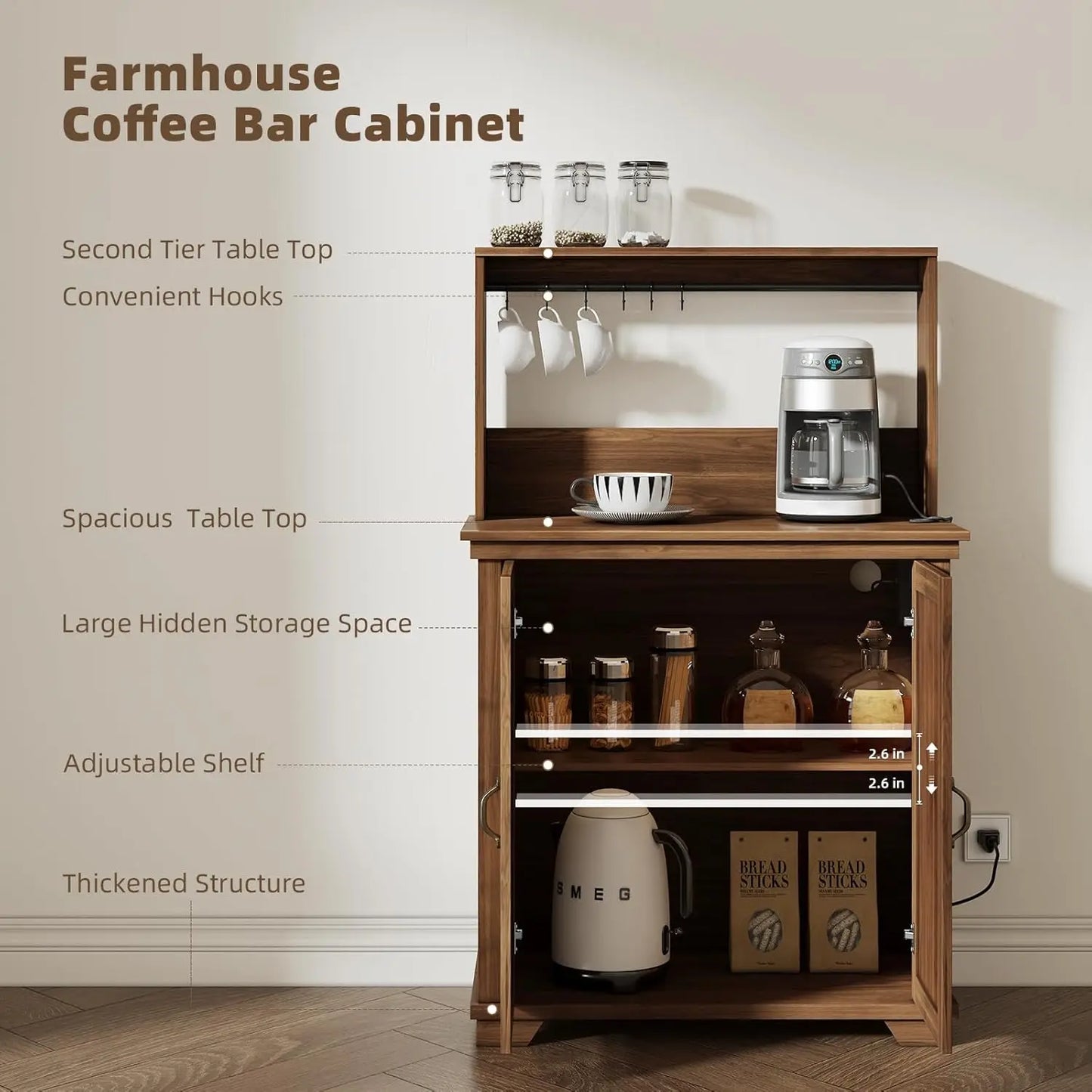 Farmhouse Coffee Bar Cabinet With Storage And Charging Station