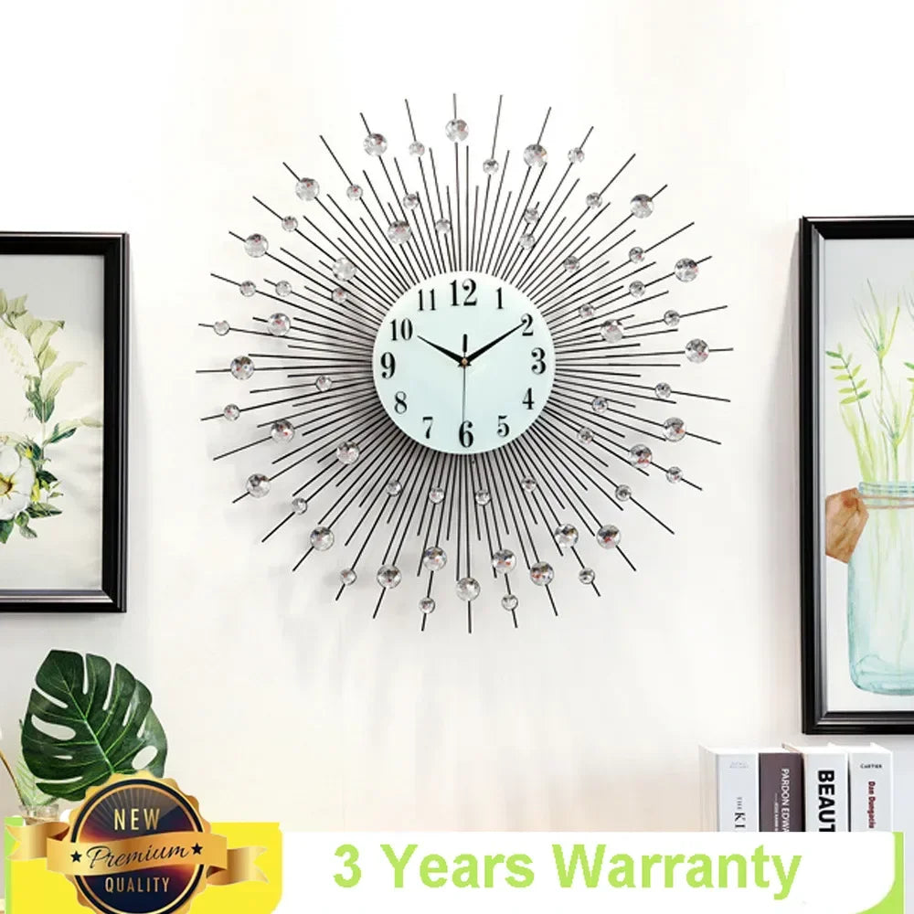 3D Sunburst Metal Wall Clock Modern Diamond Battery Operated