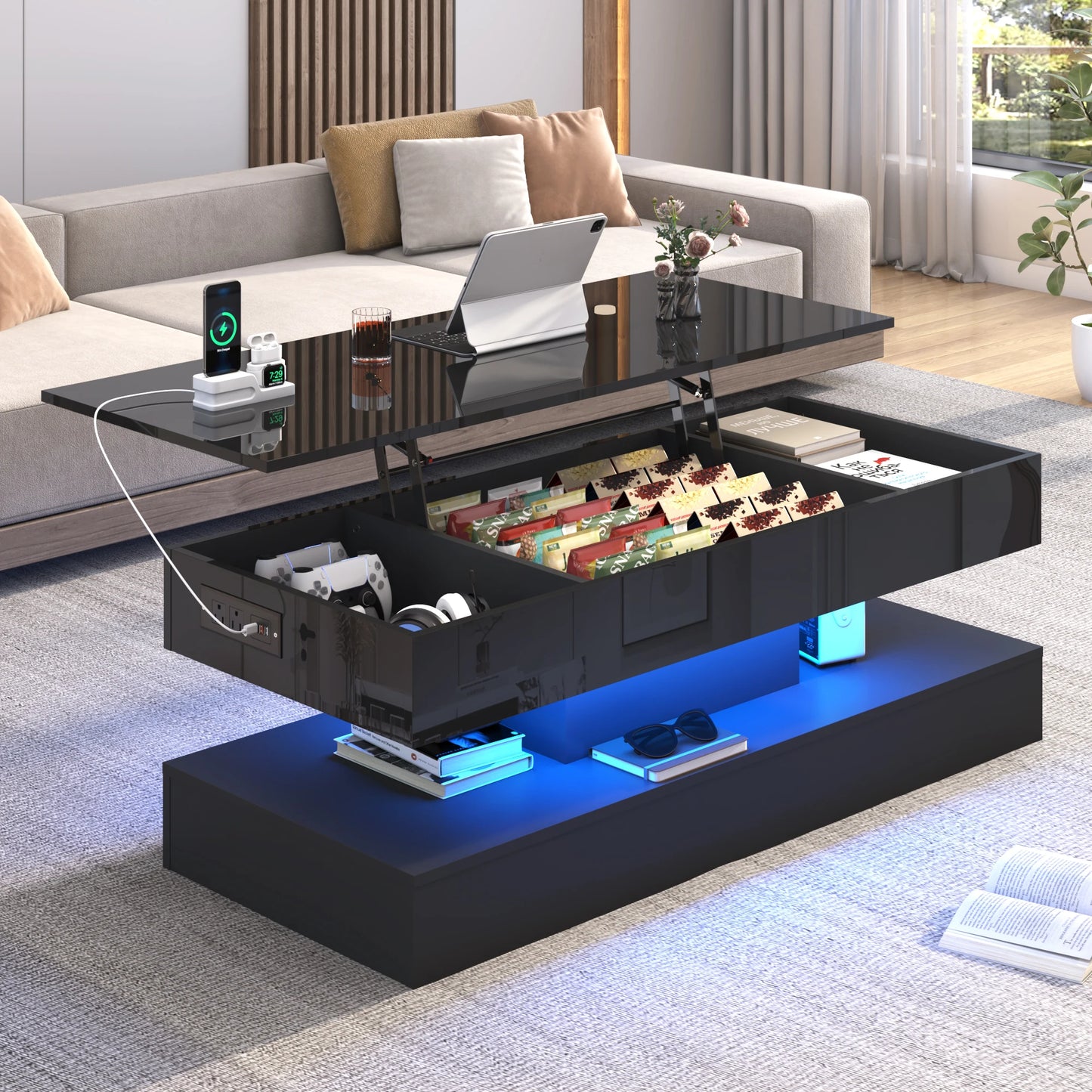 QiaoShiRen LED Coffee Table With Open Shelf And Large Storage
