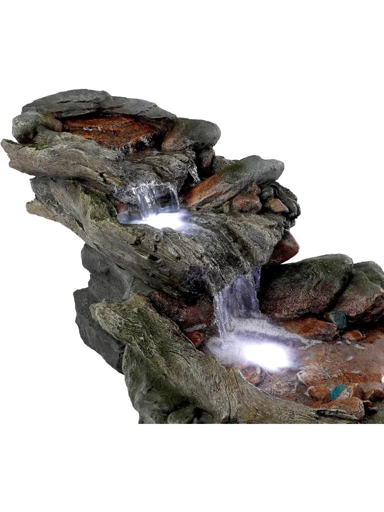 60" Long Outdoor 3-Tier Rainforest Rock River Water Hand-Painted Fountain with LED Lights