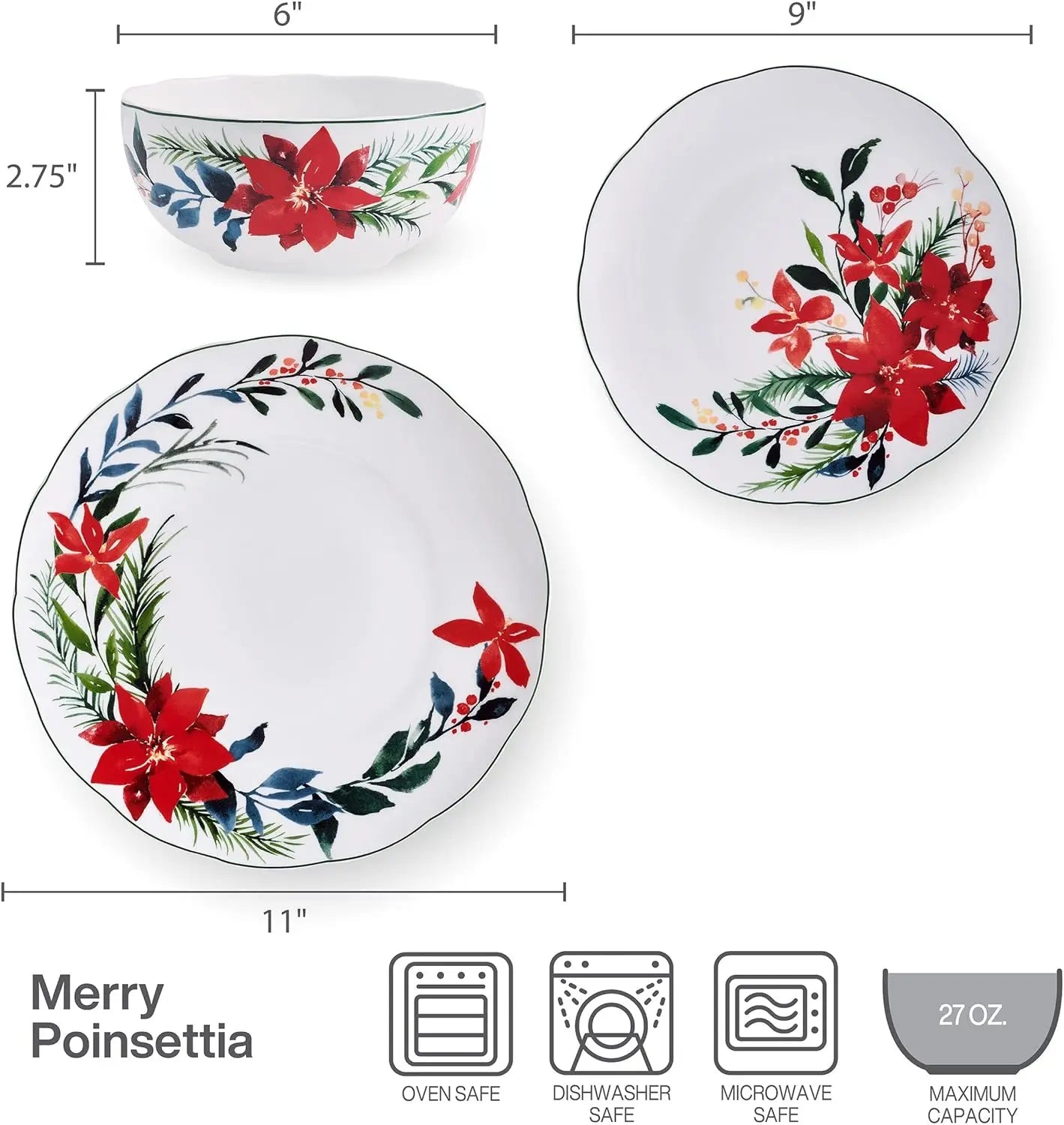 Merry Poinsettia Bone China Dinnerware Set Service for 4