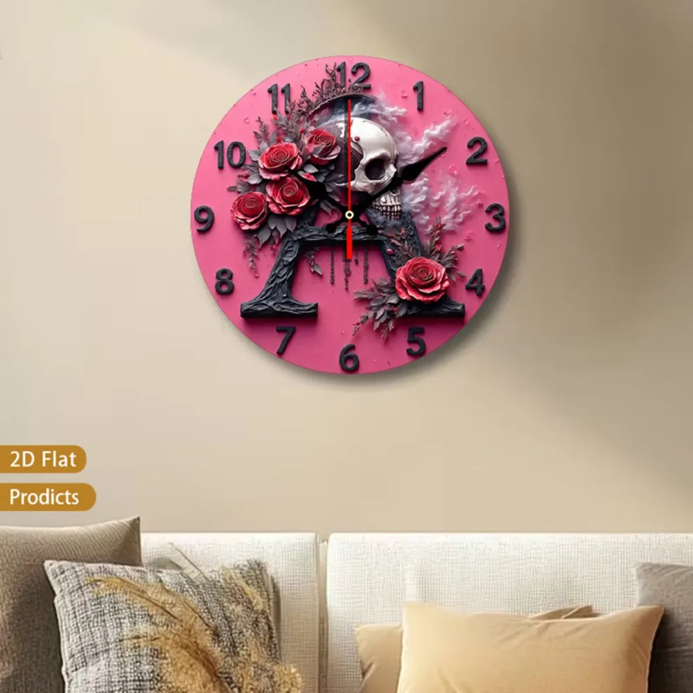 Gothic Skull Rose Wall Clock Silent Non Tick Wood Frame