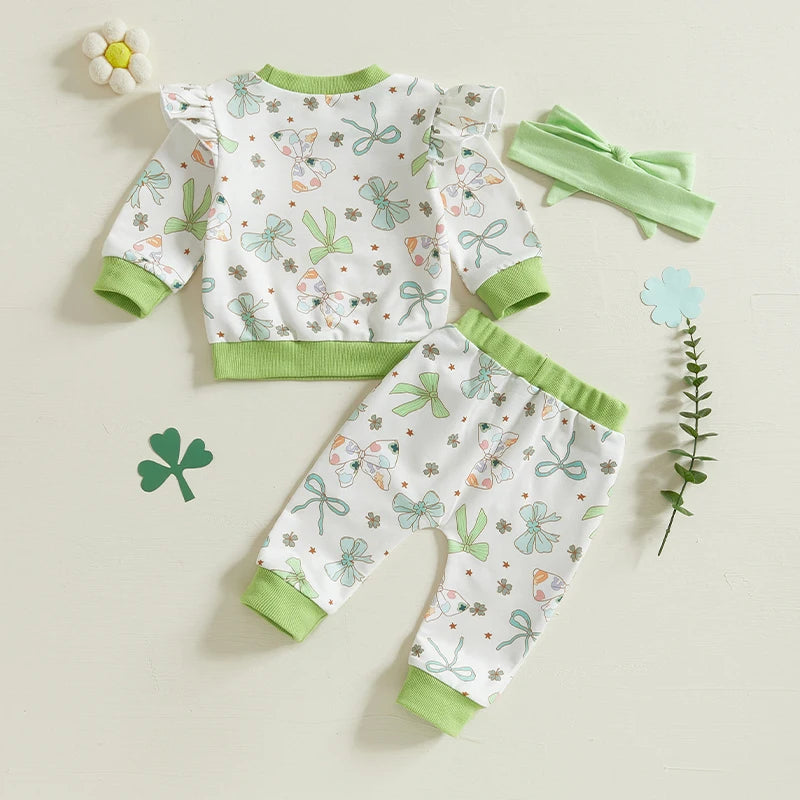St Patrick's Day Baby Girl Outfit Set Shamrock Print 3Pcs