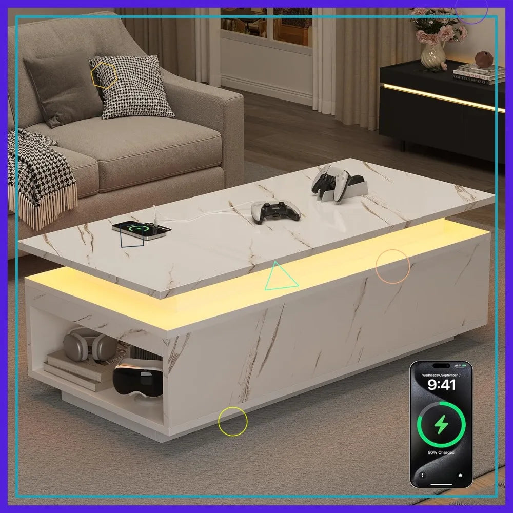 Smart LED Coffee Table With Wireless Charging And Storage