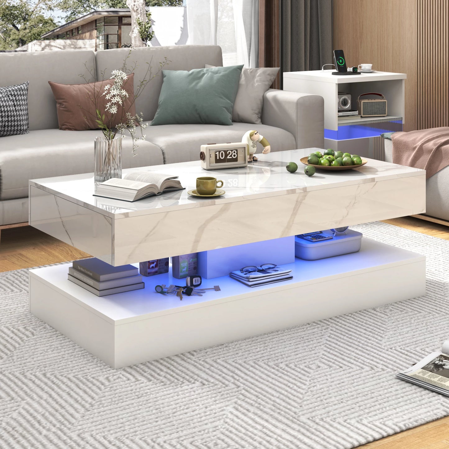 QiaoShiRen Modern Coffee Table With LED Lights And Storage Drawers