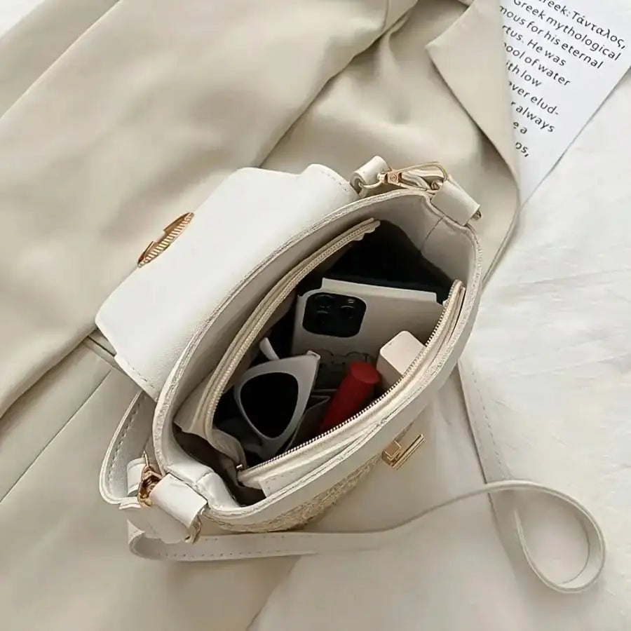 Woven Beach Crossbody Bag With Adjustable Strap And Gold Lock