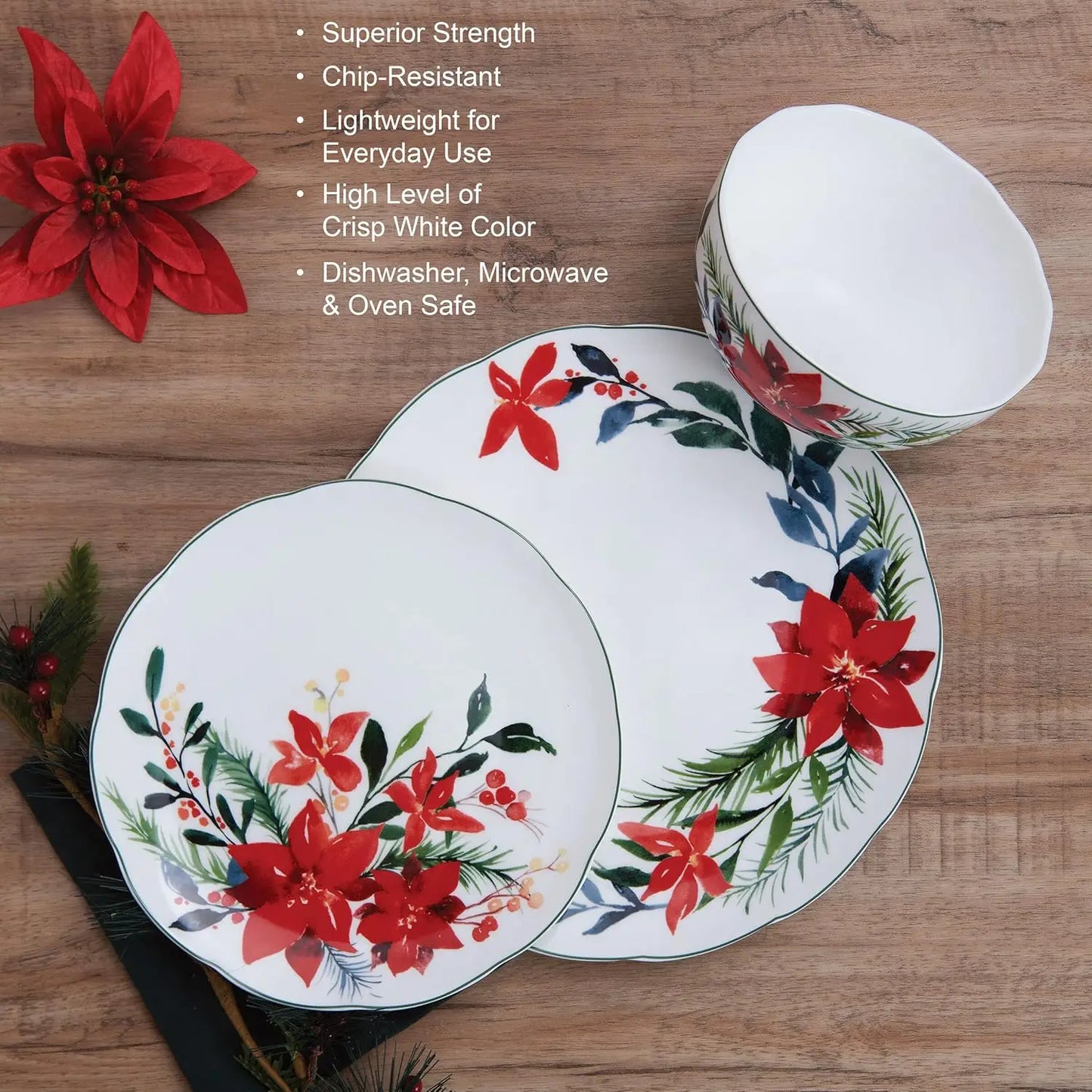 Merry Poinsettia Bone China Dinnerware Set Service for 4