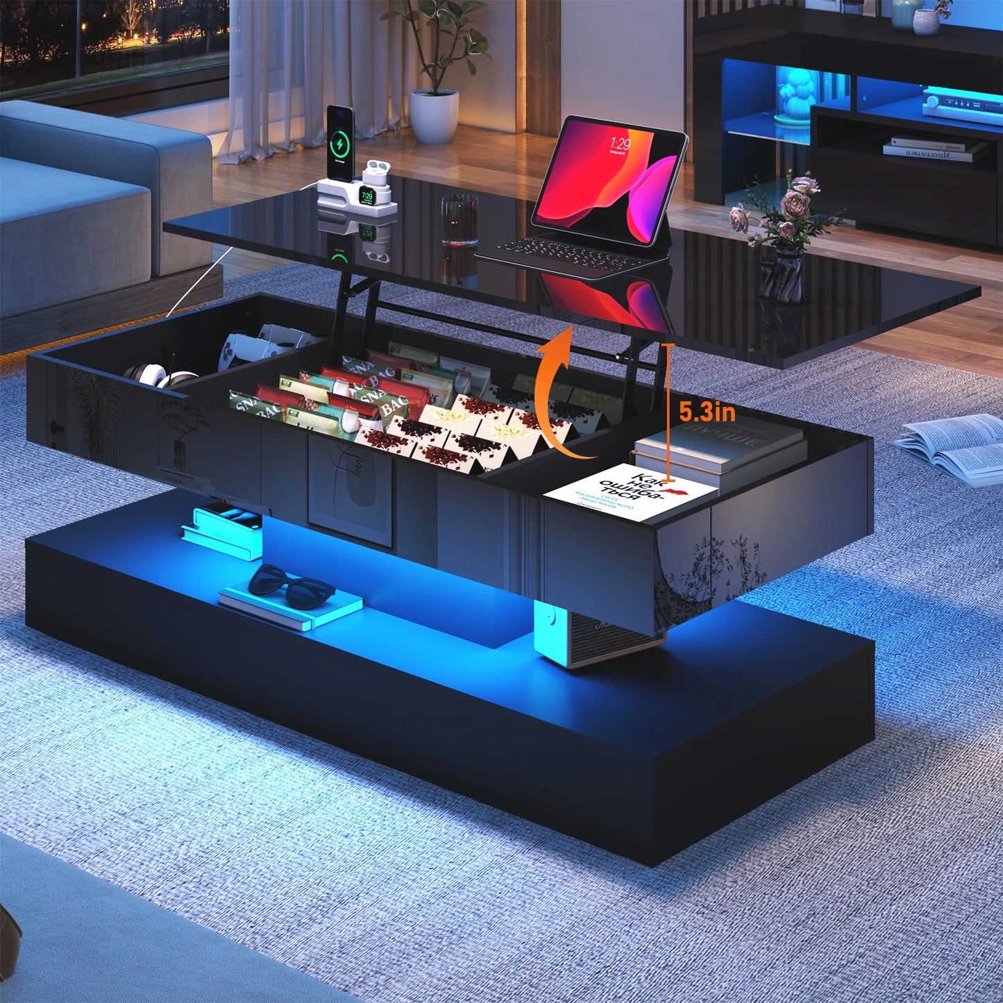 QiaoShiRen LED Coffee Table With Open Shelf And Large Storage